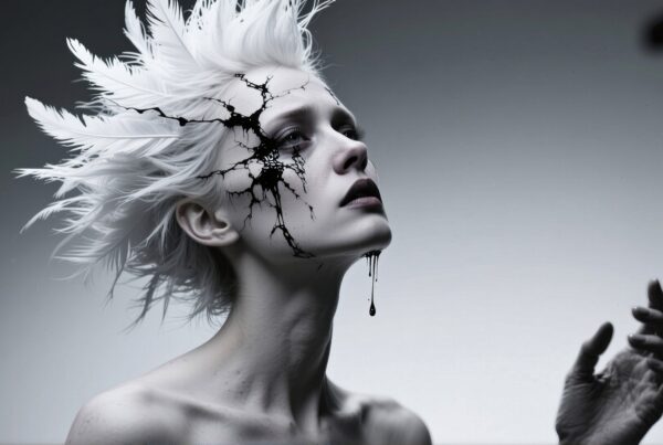 A captivating fantasy portrait featuring a pale figure with striking white hair and black cracks on their face, exuding an ethereal and artistic allure.