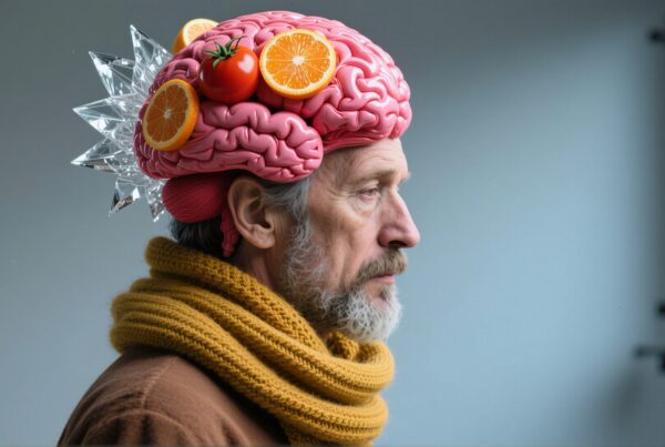 A man wearing a surreal brain helmet with fruits and geometric crystals.