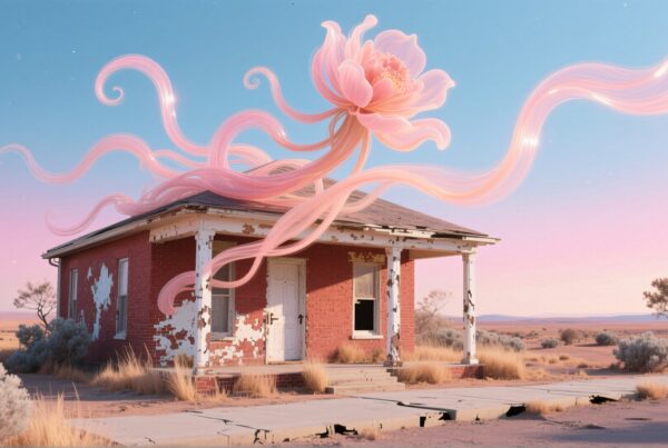 A weathered house in the desert with a large, ethereal flower sprouting from its roof under a clear blue sky.