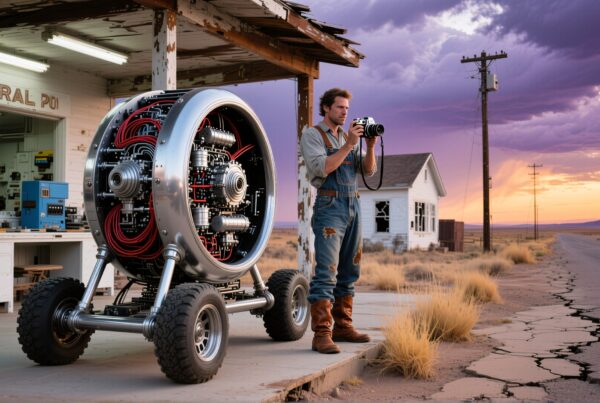 A man photographs a futuristic machine outside a vintage desert store at sunset.