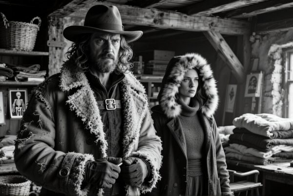 Two people in coats stand in a rustic room with baskets, blankets, and vintage decor.