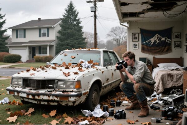A photographer capturing a vintage car amid autumn leaves in a suburban setting.