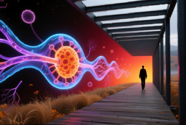 A person walking through a futuristic corridor with glowing neon patterns on the walls and vibrant natural surroundings.