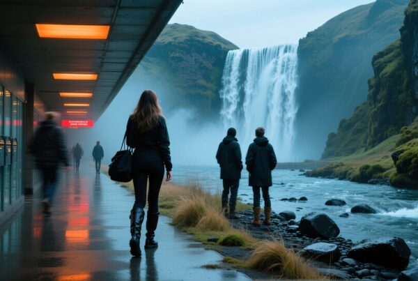 A vibrant scene of people walking along a modern walkway near a powerful waterfall surrounded by lush greenery.