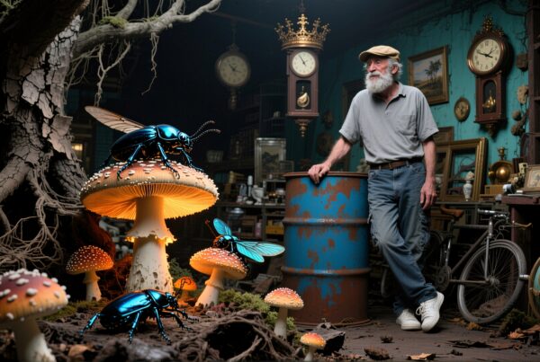 A bearded man in a room with antique clocks and glowing mushrooms hosting metallic beetles.