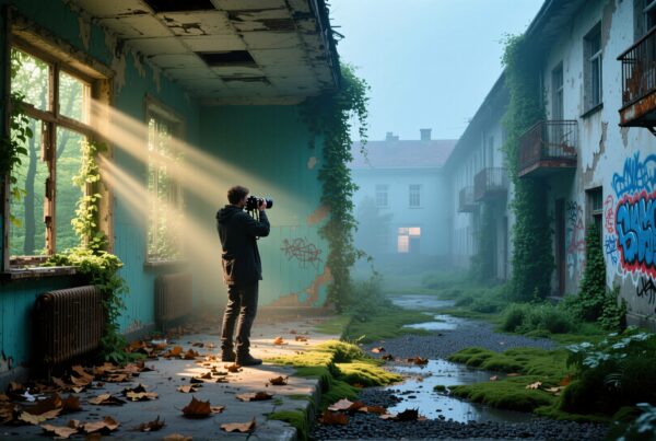 Photographer captures nature overtaking abandoned urban building.