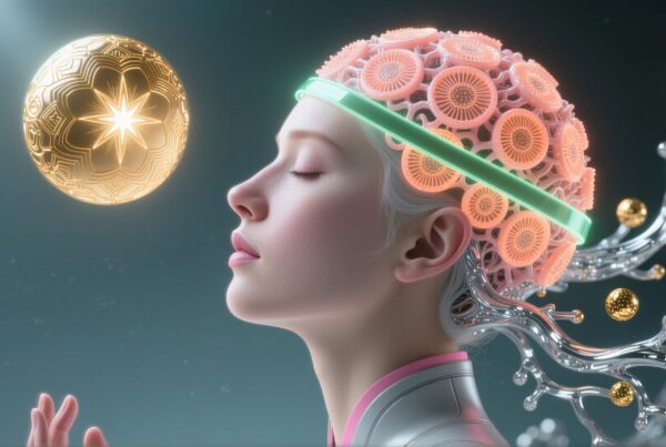 A serene woman with a futuristic gear helmet and glowing orb.