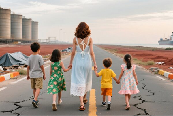 A mother and four children walk hand-in-hand down a wide road, with industrial tanks and a ship in the background.