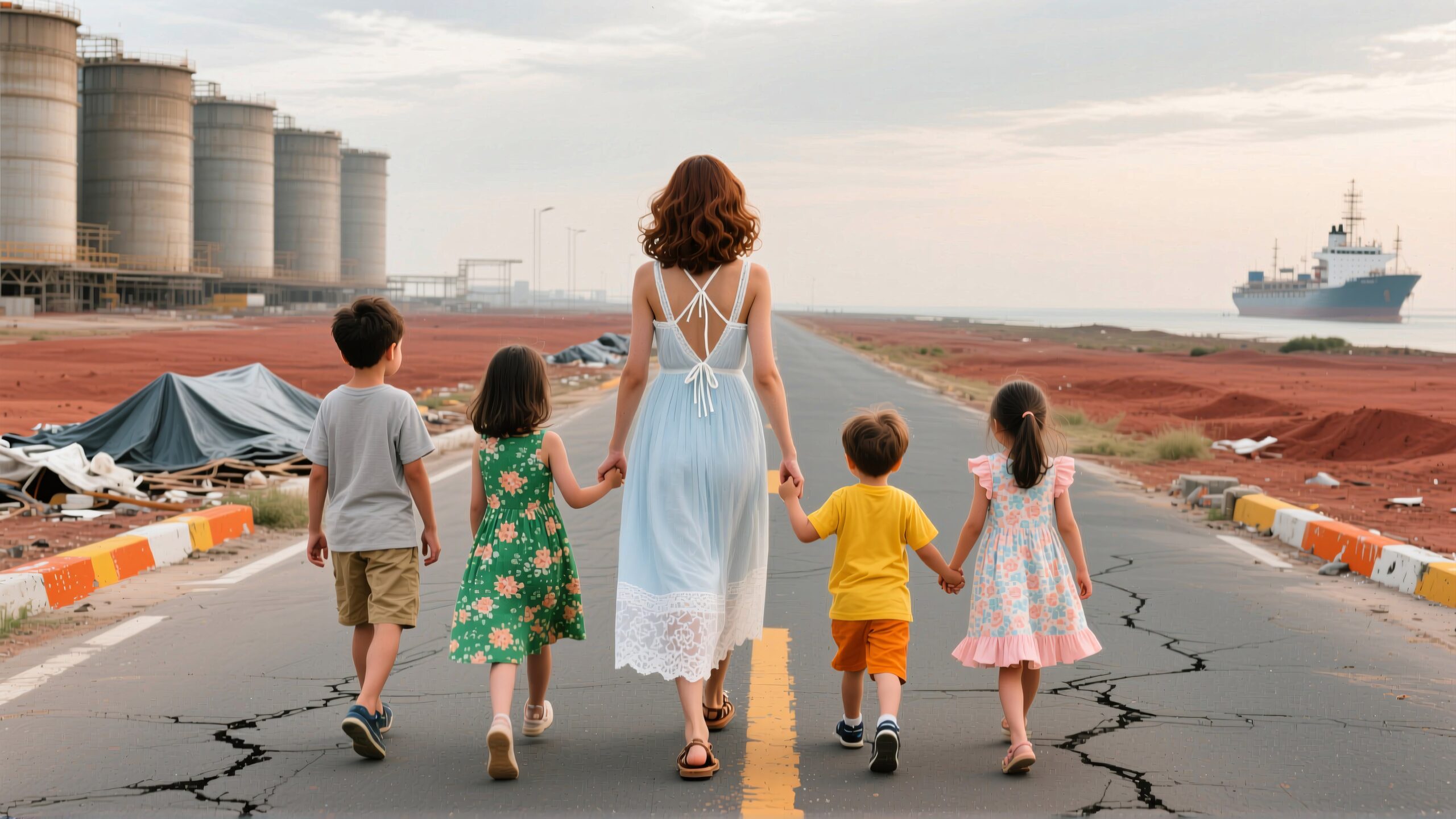 Family Walks by Industrial Shore