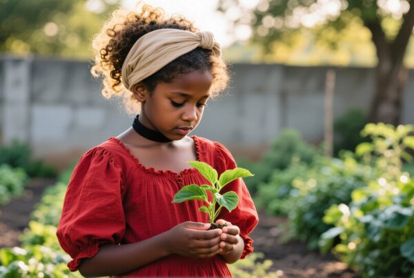 Young girl holding plant in garden, sunlight filtering through trees, serene and peaceful ambiance.