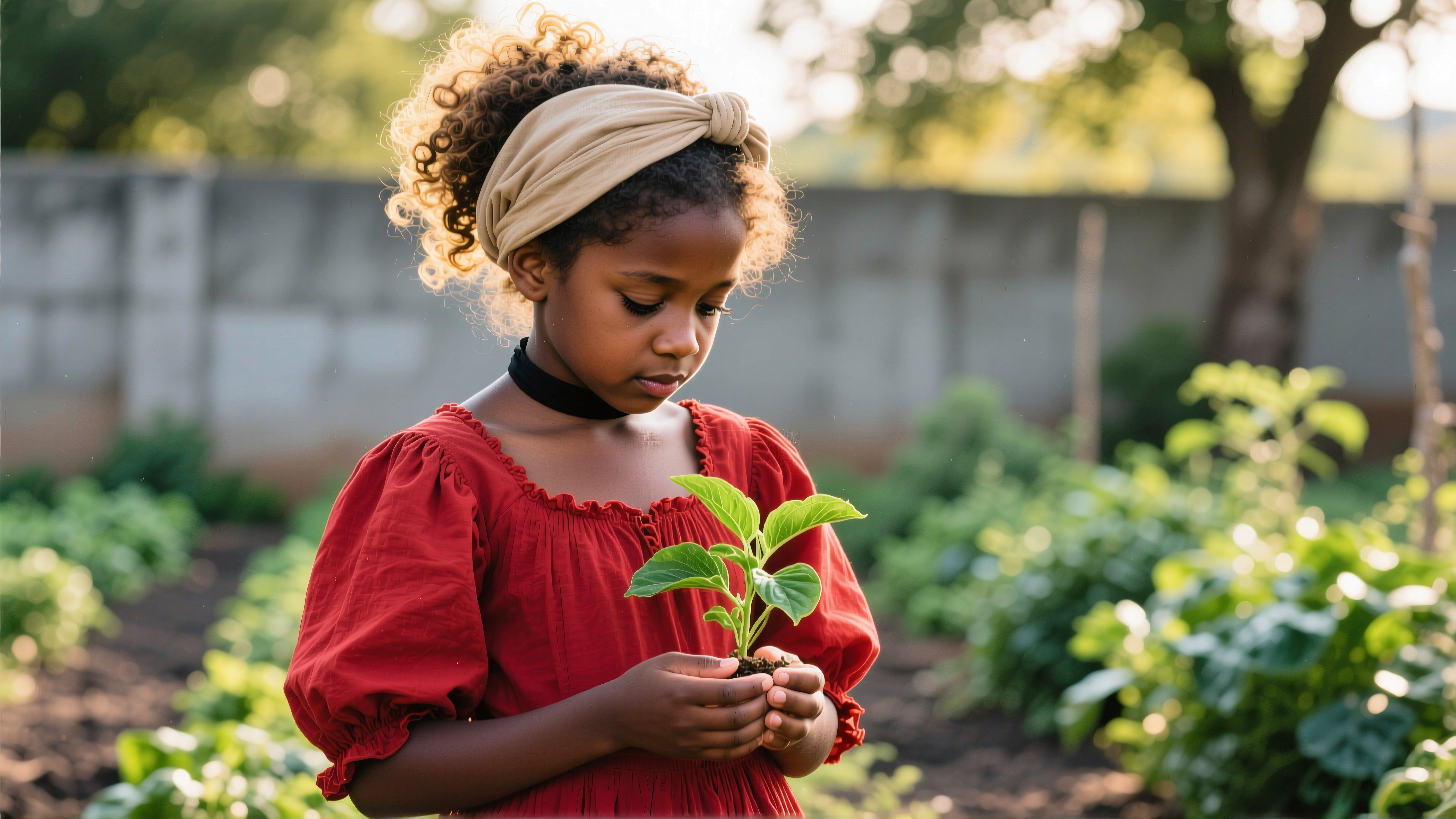 Young Girl Tending Garden Plant