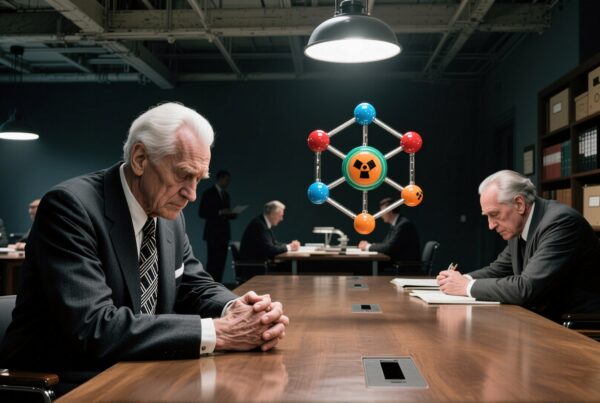 Elderly men in a dimly lit conference room examining an atomic model, with a focus on scientific discussion.