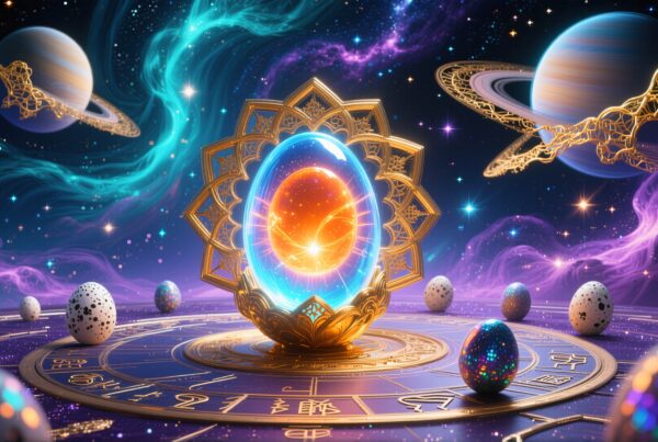 A magical cosmic scene with planets, nebulae, and a zodiac platform.