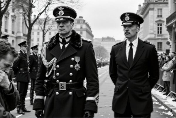 Uniformed procession on a snowy European street with onlookers.
