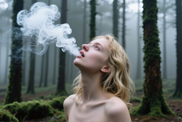A person exhales smoke in a misty, moss-covered forest.