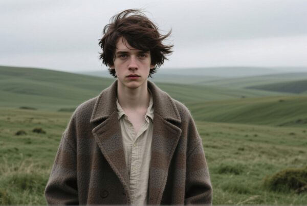 A person stands in a windswept hilly landscape under an overcast sky, wearing a coat.