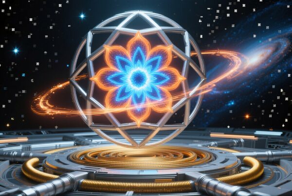 Futuristic energy structure with galactic backdrop.