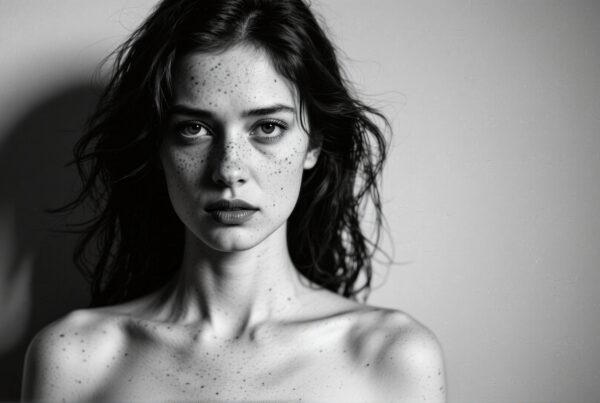 A captivating black and white portrait of a woman with freckles, intense gaze, and flowing hair.