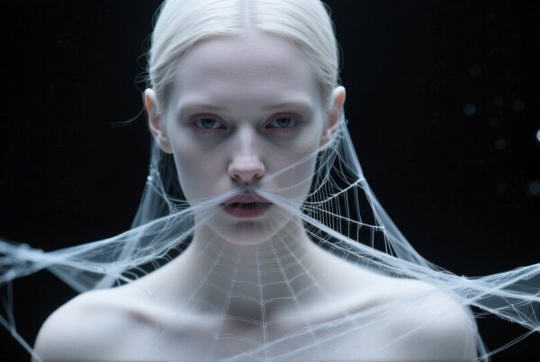 A serene portrait featuring delicate spiderwebs draped over a person's face.