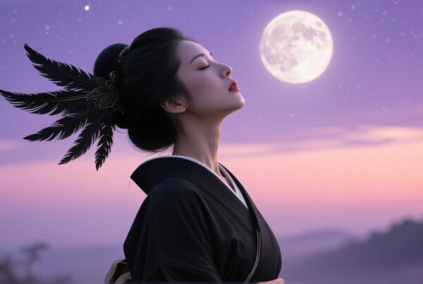 Woman in traditional attire under moonlit sky.