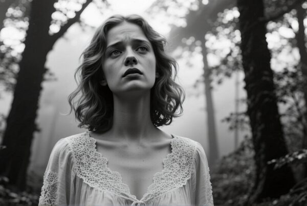 A woman stands in a misty forest, her expression conveying deep emotion in a black and white scene.