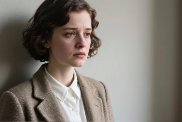 A young woman in a beige blazer and white shirt gazes thoughtfully into the distance against a light background.
