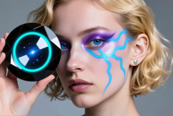A woman with futuristic makeup holding a glowing orb.