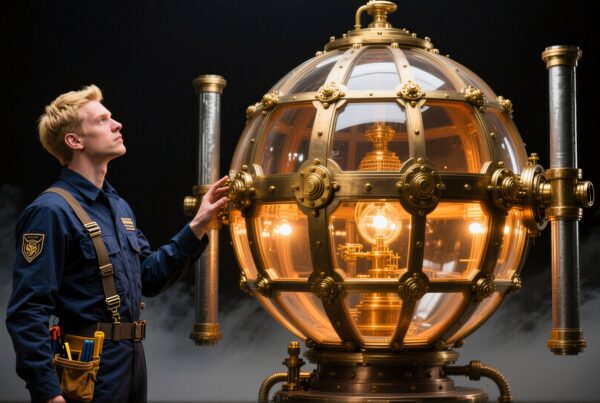 A young engineer examines an intricately designed steampunk sphere emitting a warm, glowing light.