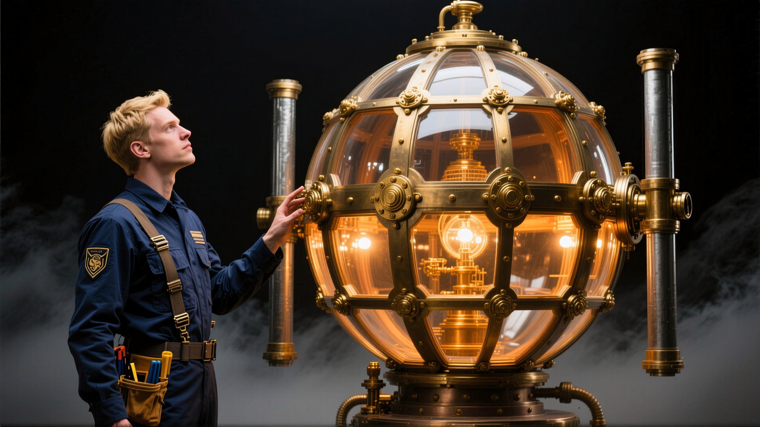 Engineer Inspects Glowing Sphere