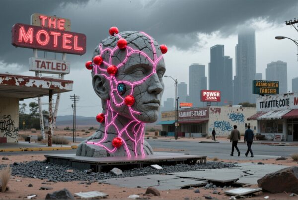 Surreal futuristic sculpture in desolate urban landscape.