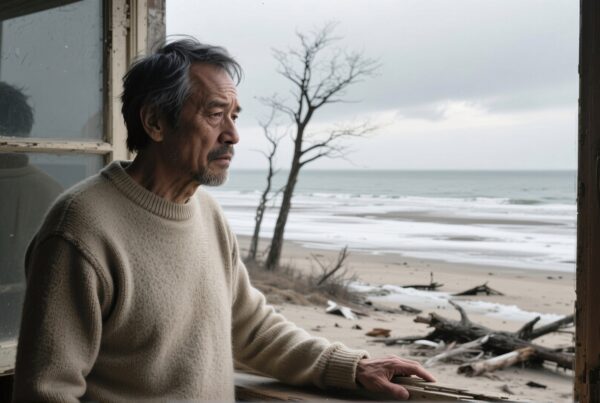 Elderly man gazing out window at tranquil beach scene.