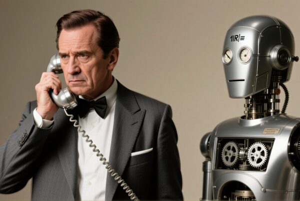 Man in suit with robot companion.