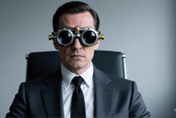 A businessman wearing unique steampunk goggles sits in an office, blending traditional and futuristic styles.