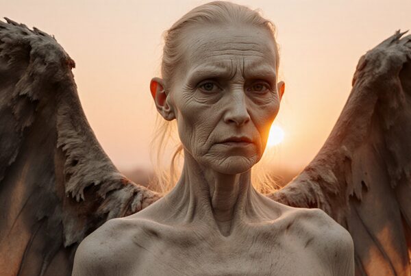 A wise, elderly figure with angelic wings stands under a setting sun, their majestic presence enhanced by the warm glow.