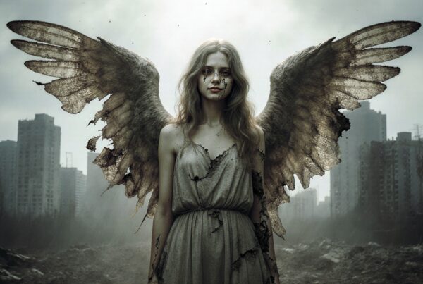 A mysterious figure with tattered wings stands in a desolate urban landscape, exuding an eerie, post-apocalyptic atmosphere.