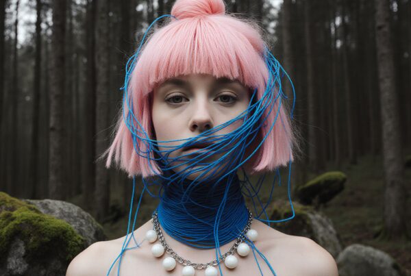A person with pink hair and a blue string in a mysterious forest setting.