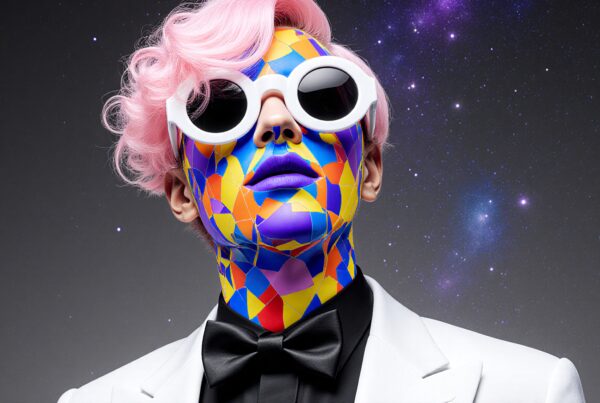 A person with colorful mosaic face paint and pink hair, wearing a white tuxedo, against a cosmic starry background.
