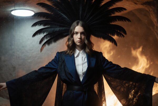 Woman in blue with feather headdress stands confidently against a fiery background, creating a striking and powerful image.