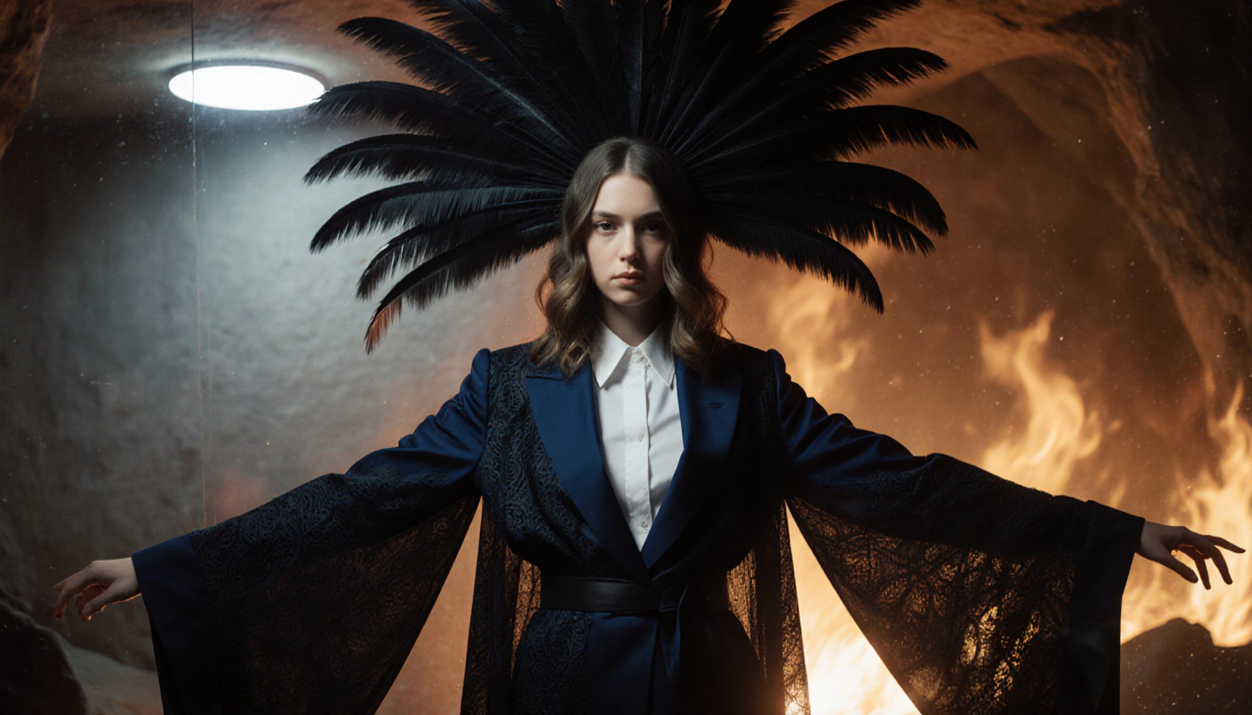 Woman in Blue with Feathers