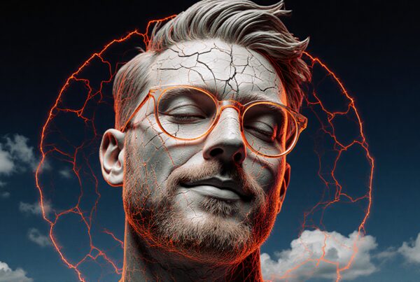 Surreal portrait of a man with cracked skin and orange glasses against a vivid sky.