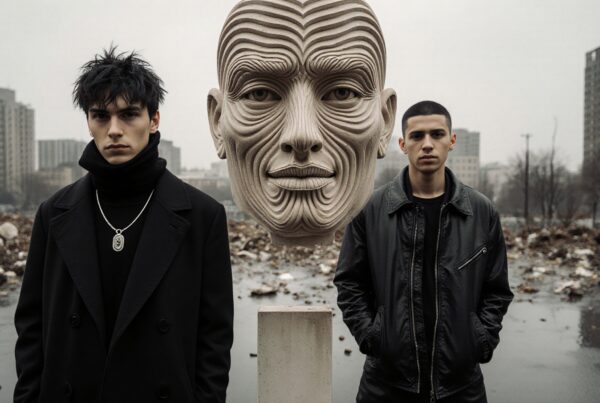 Two young men and sculpture in gritty urban landscape.