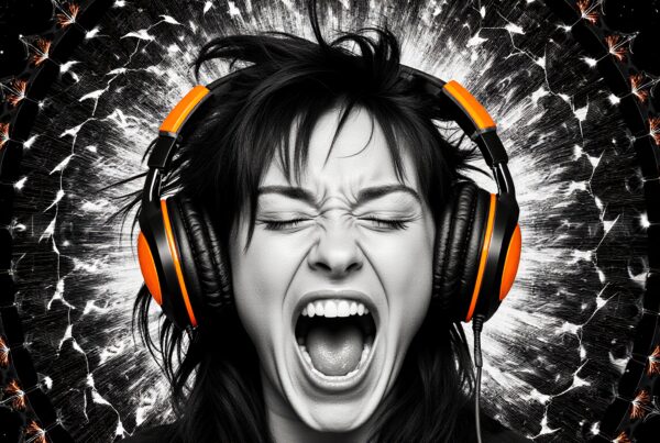 A person with orange headphones passionately expressing with eyes closed against a starburst background.
