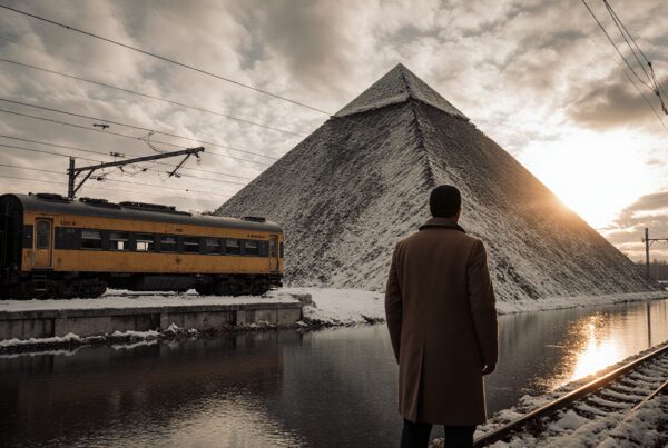 A man stands on a snowy platform near a yellow train, gazing at a snow-covered pyramid during sunset.