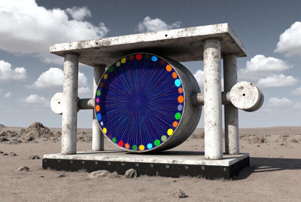 Stone sculpture in a desert landscape with colorful circular design and cloudy sky.
