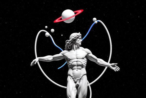 White marble statue with cosmic elements and planets orbiting amid a starry space background.