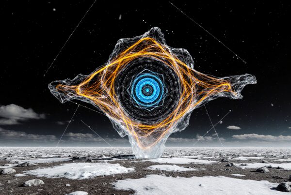 Mysterious cosmic portal hovering over icy landscape.