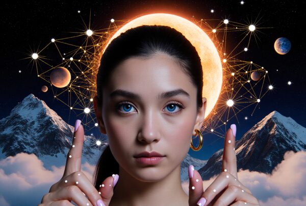 A young woman with blue eyes stands in front of a cosmic background, featuring stars, planets, and snow-capped mountains.