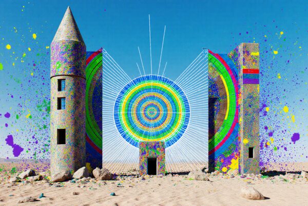 Vibrant structure with colorful design in desert.