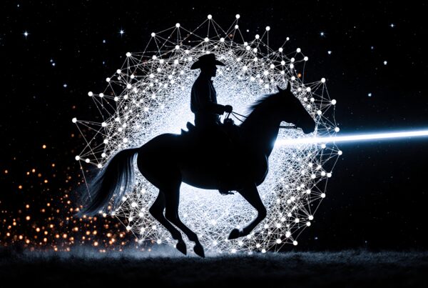 Silhouetted cowboy on horse with digital web and stars.