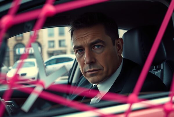 A man in a car with pink tape on the window, intense gaze.